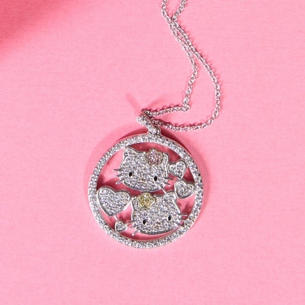 Hello Kitty Crystal Pendant In Silver and Pink
